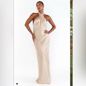 Jasmine Halter Maxi Dress in Champagne Luxe Satin